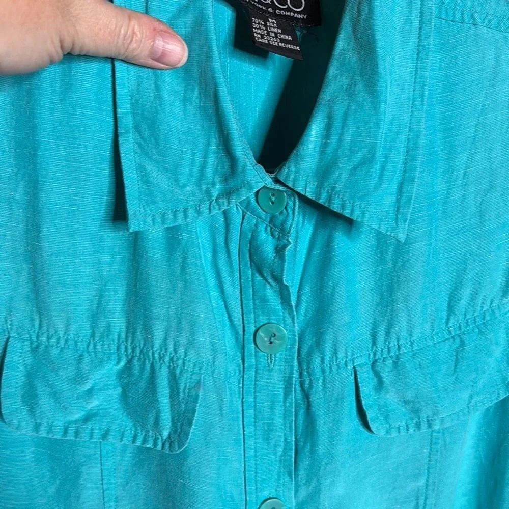 New York & Company Silk Linen Teal Sleeveless Button Down Top Size Medium
